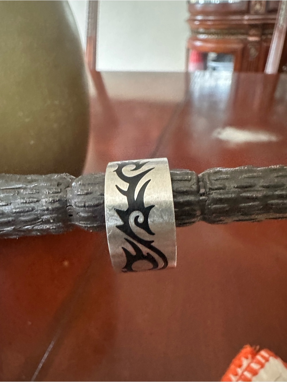 Silver Tribal Pattern Stainless Steel Ring - Black Accent size 9